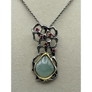 Sterling Silver Jade Pendant, Garnets, Handmade, Gold Vermeil, Black Rhodium